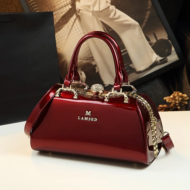 Glossy Patent Leather Handbag For Women Crossbody Bag Top Handle Tote Evening Shoulder Wedding Satchel Retro Purse