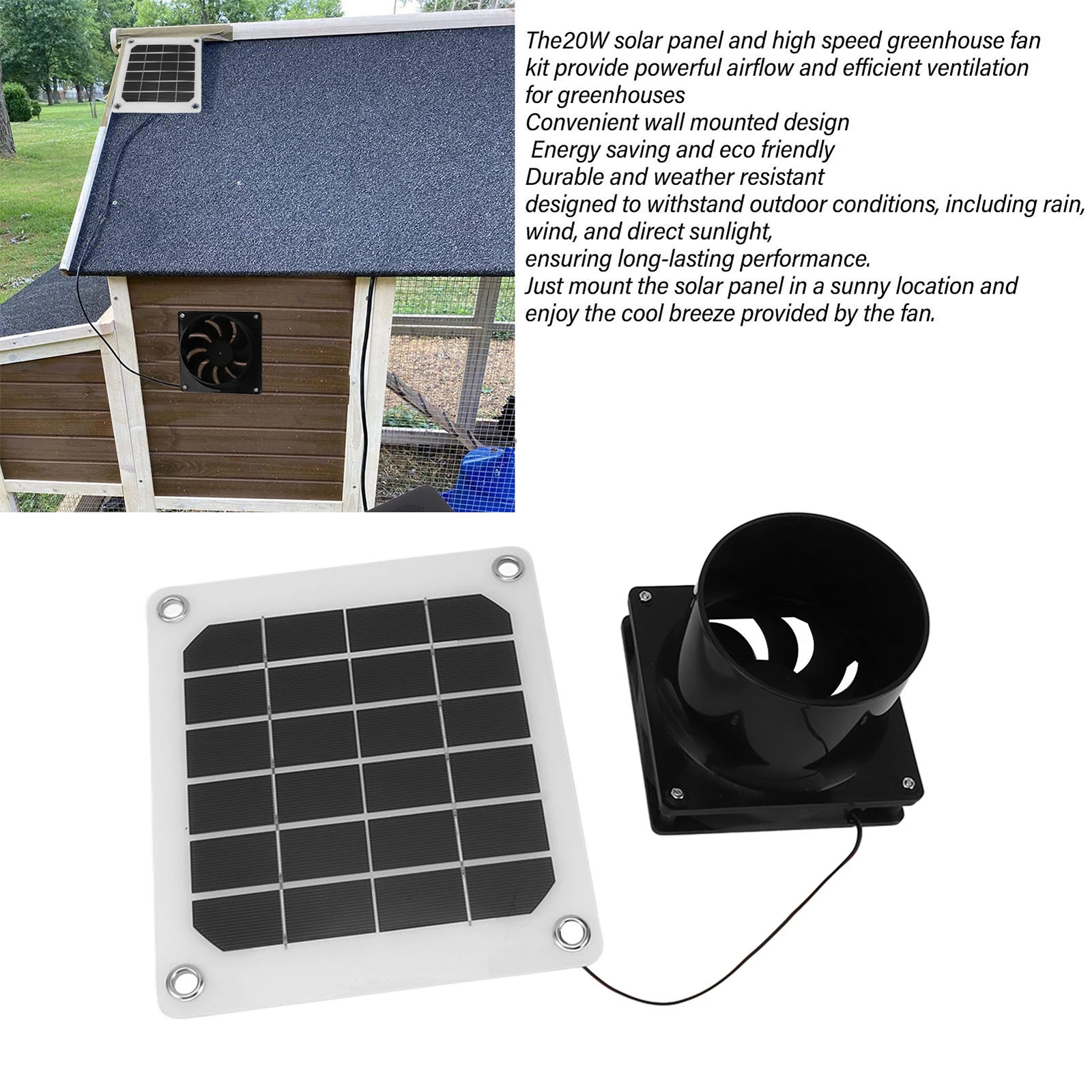 20W 12V Solar Exhaust Fan Solar Fan for Chicken Coop Greenhouse Shed Pet House Window Exhaust Port Environmentally Friendly Fan