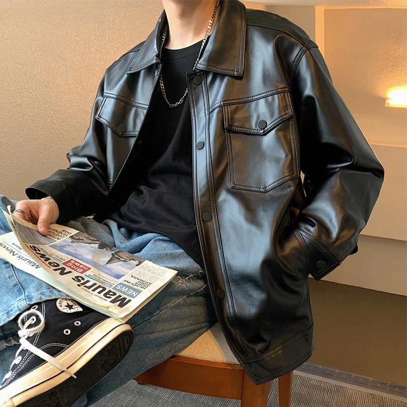 

Leather Jacket Men Handsome High Street Hip Hop Clothing Baggy Fashion Stylish Casual Ulzzang Teens Dynamic Black Cool Popular