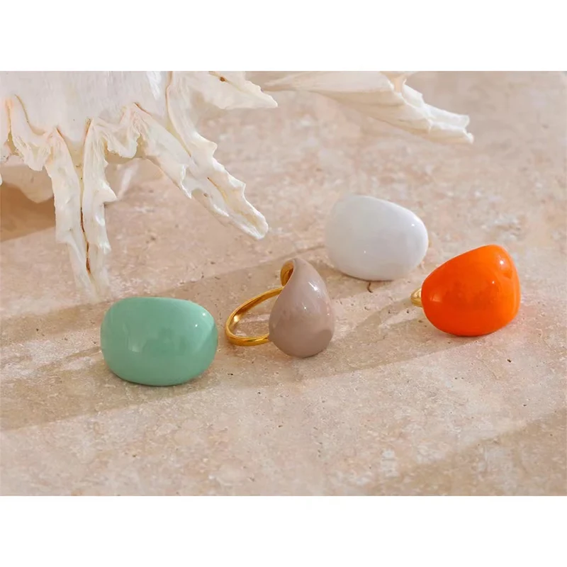 1 PC Irregular Shaped Enamel Ring For Women Gray White Blue Orange Metal Epoxy Finger Ring Girl‘s Daily Wear Jewelry’ image 6