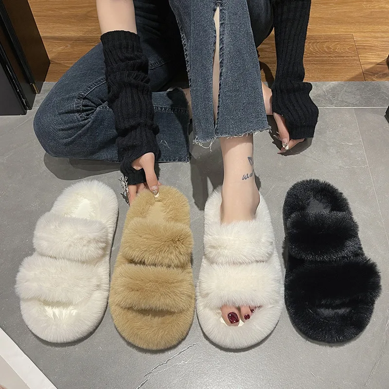 2026 Winter Open Toe Cozy Plush Shoes Fashion Platform Fluffy Slippers Indoor Fuzzy Warm Women's Slippers Cotton Shoes for Woman