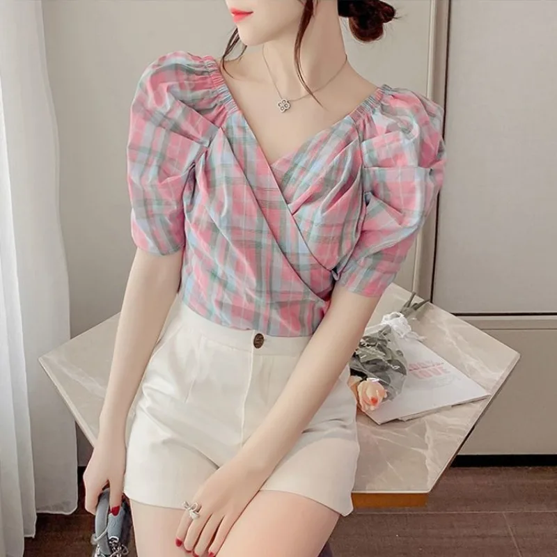 Lolita Style Sweet Plaid Blouses 2024 Summer New Women\'s Slash Neck Patchwork Folds Drawstring Bowtie Bubble Sleeve Short Shirts