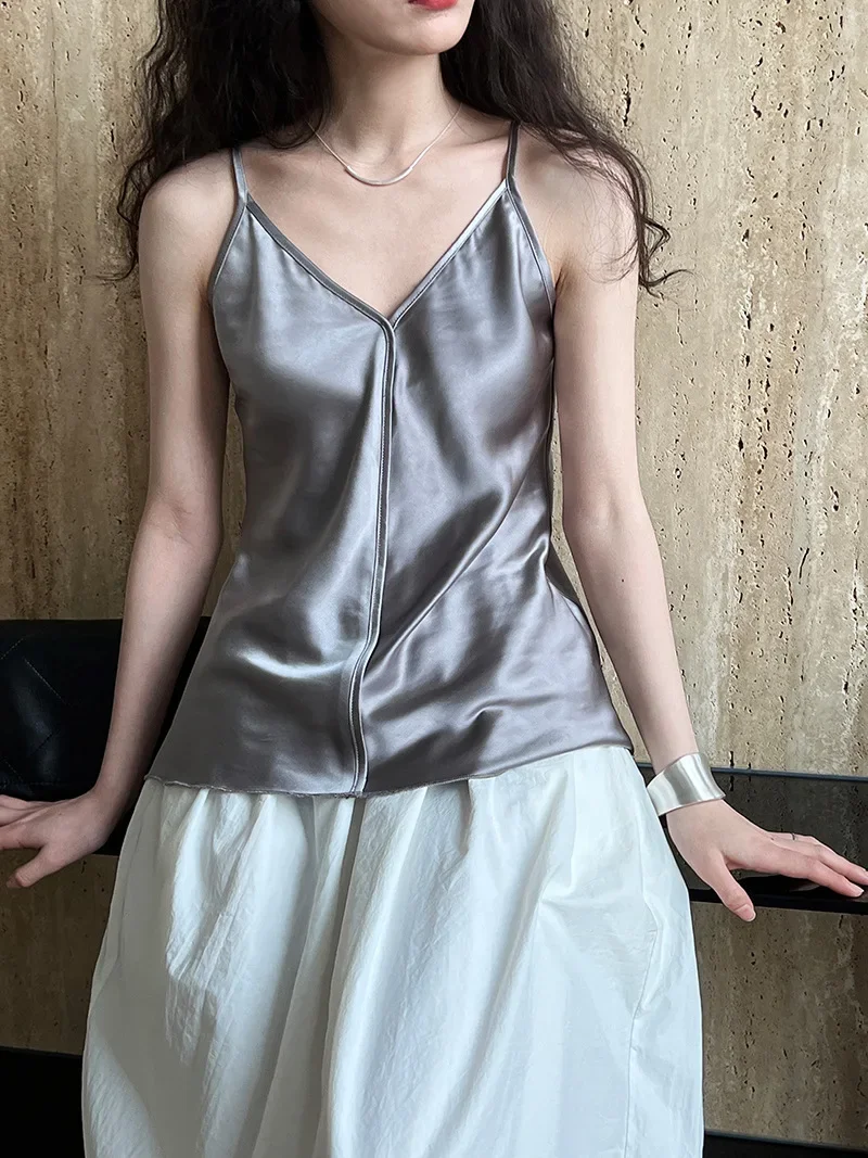 2024 Summer New Women's Camisole Suspended Tank Top Imitation Acetic Acid Satin Design Sleeveless LX9631