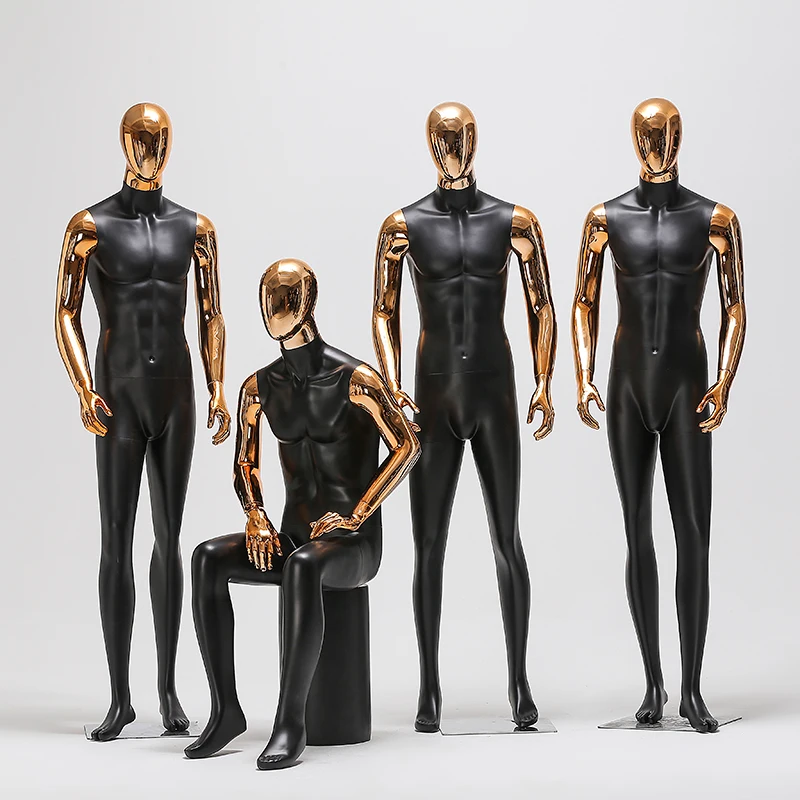 Clothing store male model props full body gilded head hand dummy window display props electroplated male model