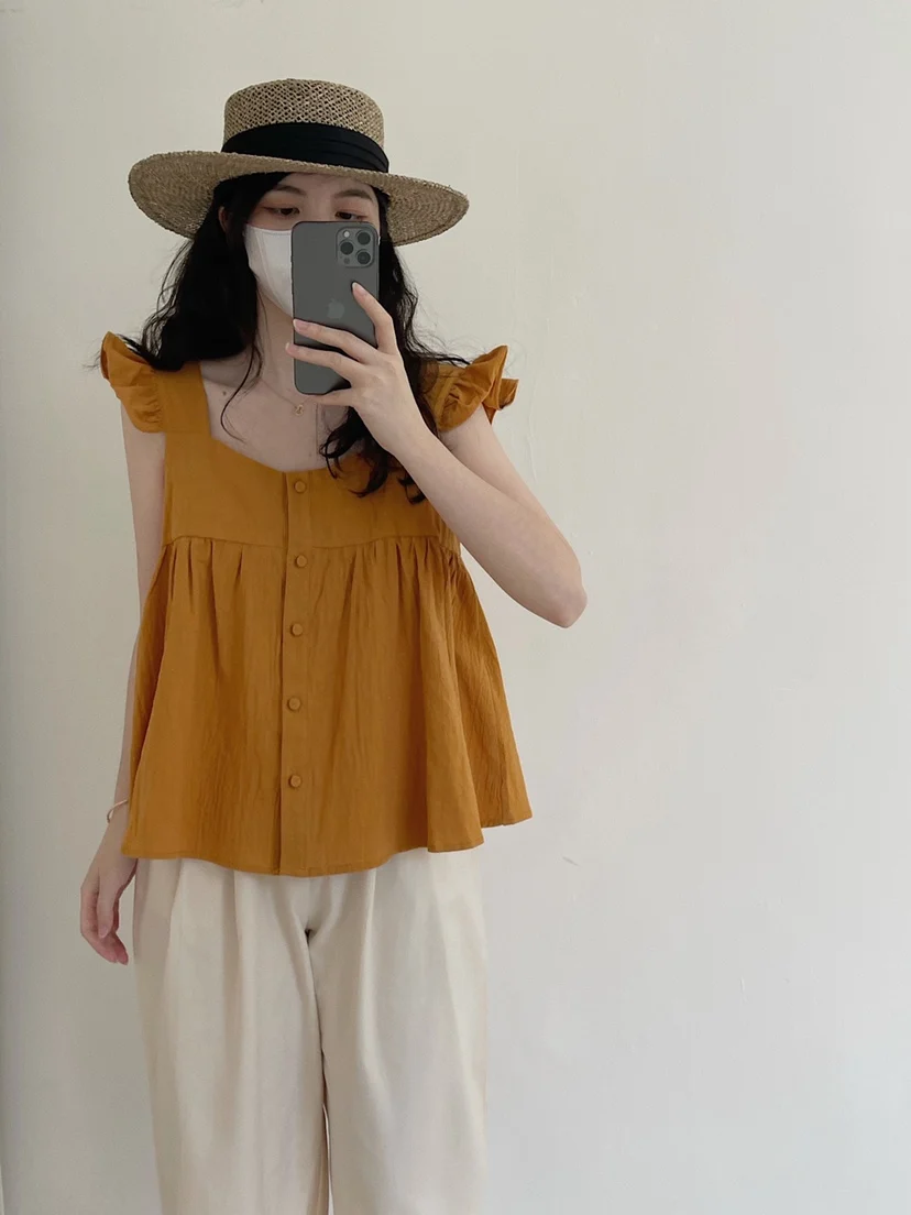 

Chuwojia Summer New Style Loose Cotton Linen Sleeveless Doll Shirt Women's Simple Japanese Style Vest with Lace Sleeves