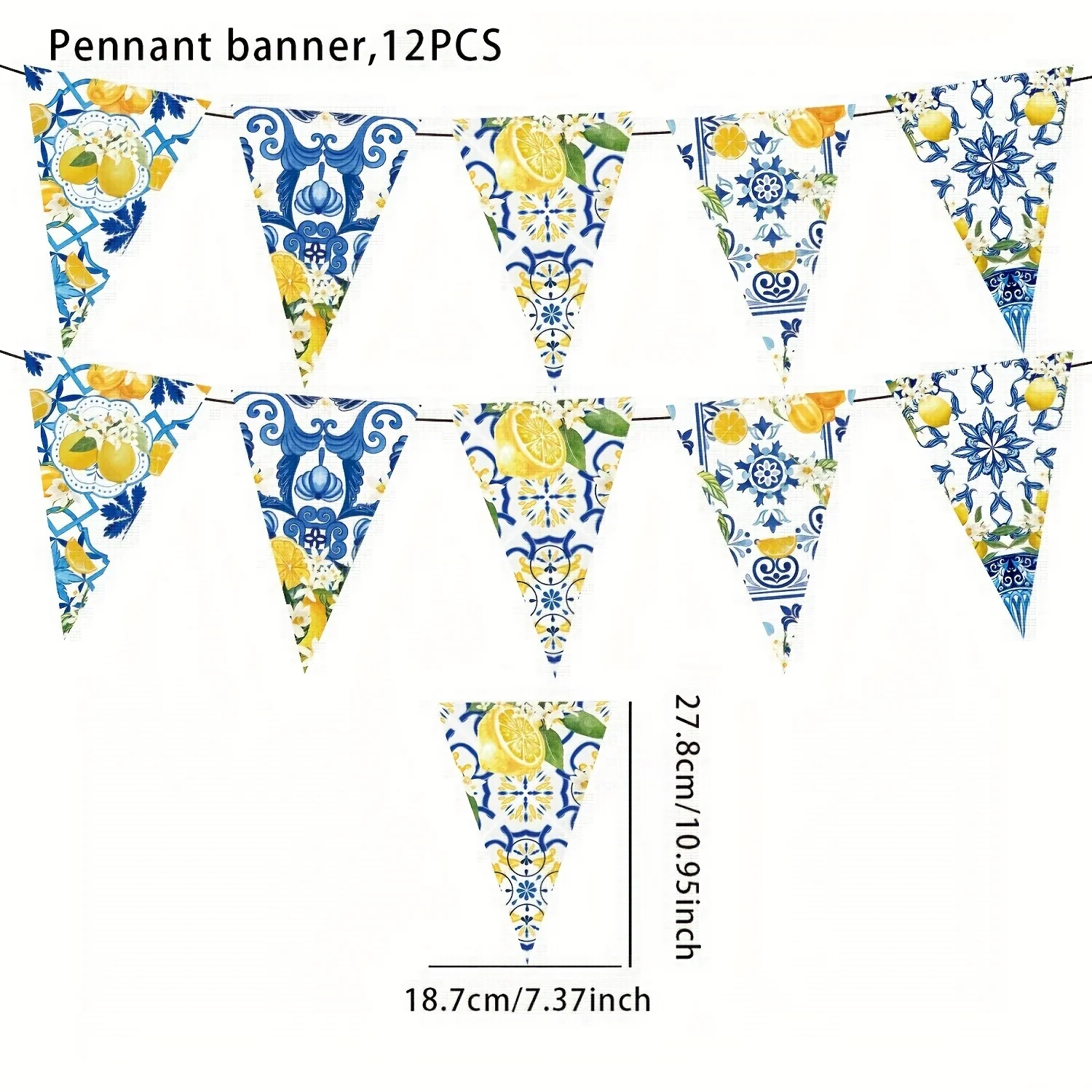 Lemon Theme Party Bunting Flags, Blue Yellow White Floral Triangle Banner for Wedding Birthday Indoor Outdoor Decor