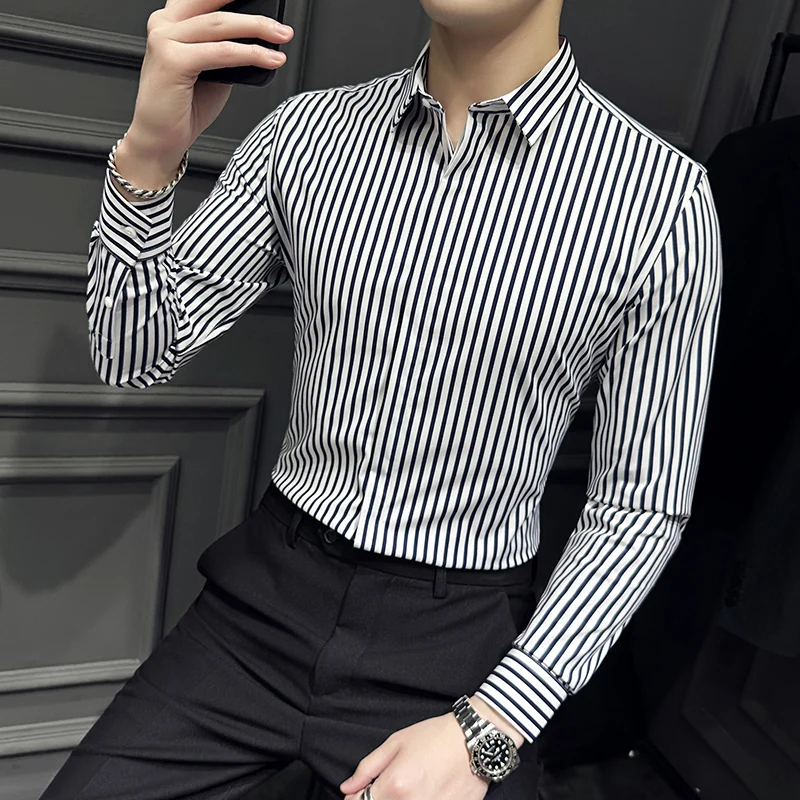 Classic Striped Shirt for Men 2023 Spring Long Sleeve Casual Business Formal Dress Shirts Fashion Versatile Social Office Shirts