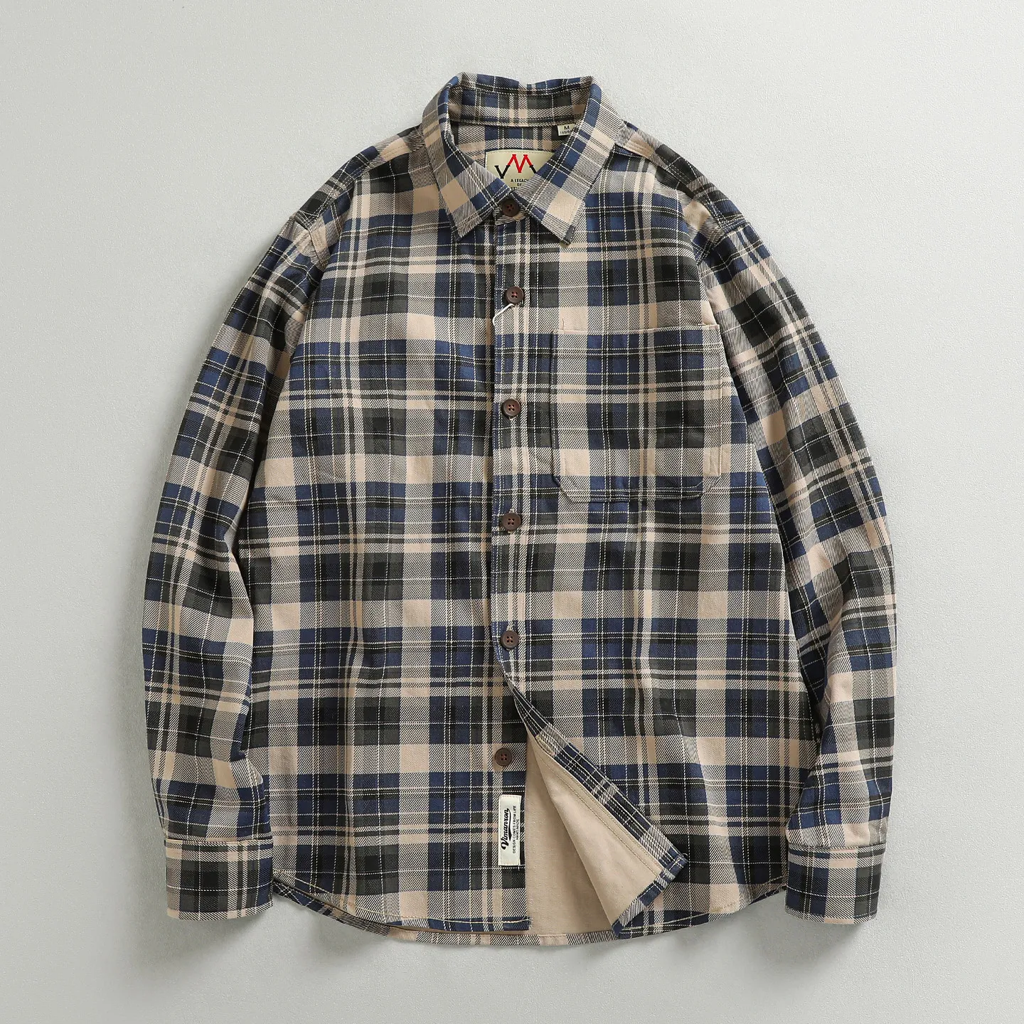 Heavy thick washed old trend plaid long-sleeved shirt men's simple pocket American casual shirt jacket