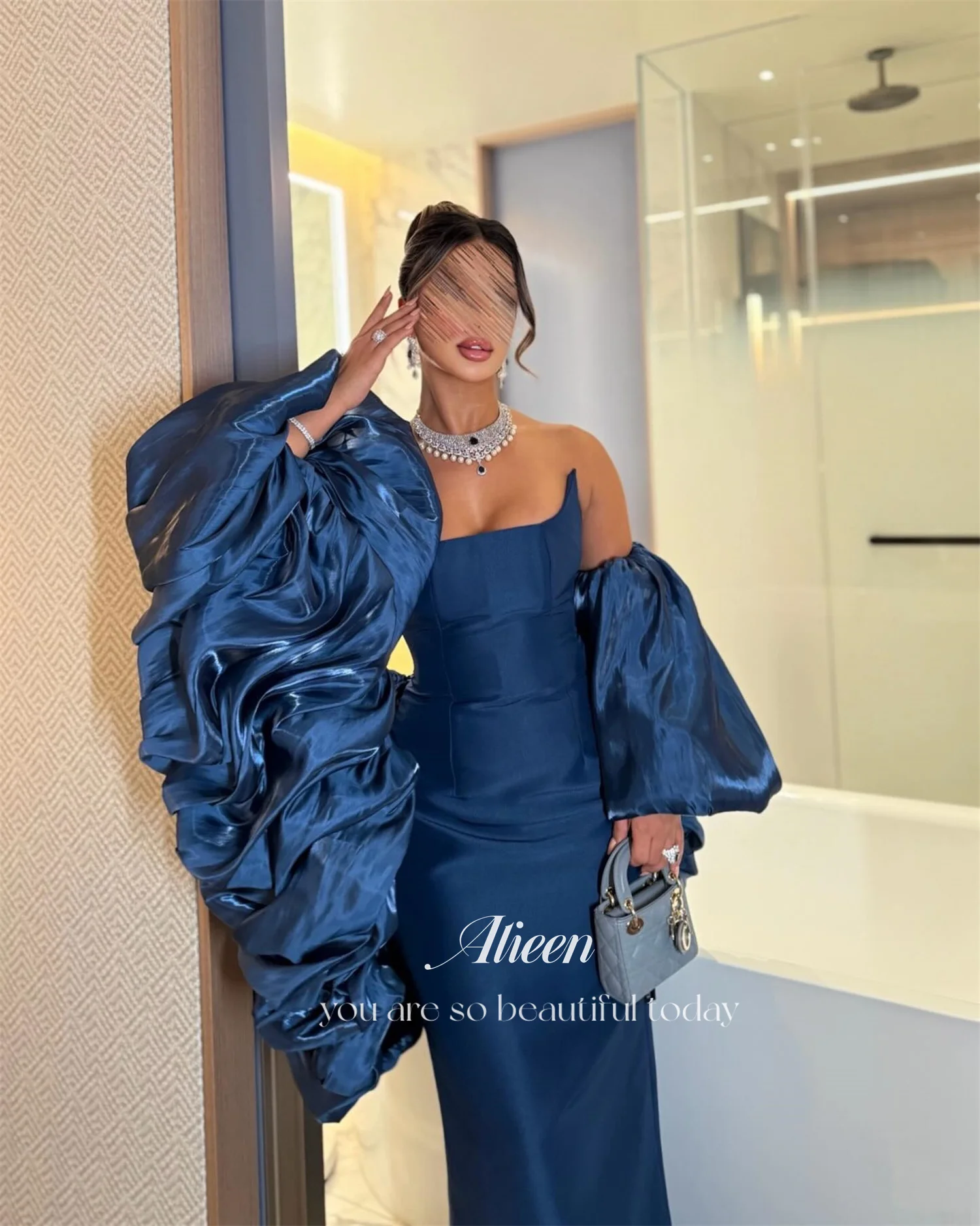 Aileen Satin Elegante Partykleider 2025, Плае Naderso Porno, maßgeschneiderte Brautkleider für Partys, Puffärmel, Roben von Soirée, Blau – Detail 4