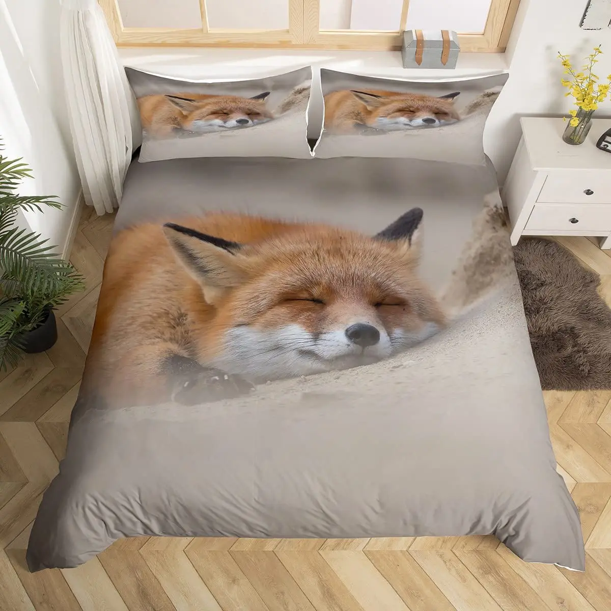 Fox Print Duvet Cover King Queen Cute Animal Bedding Set Woodland Fox Comforter Cover Polyester Quilt Cover with 2 Pillow Case