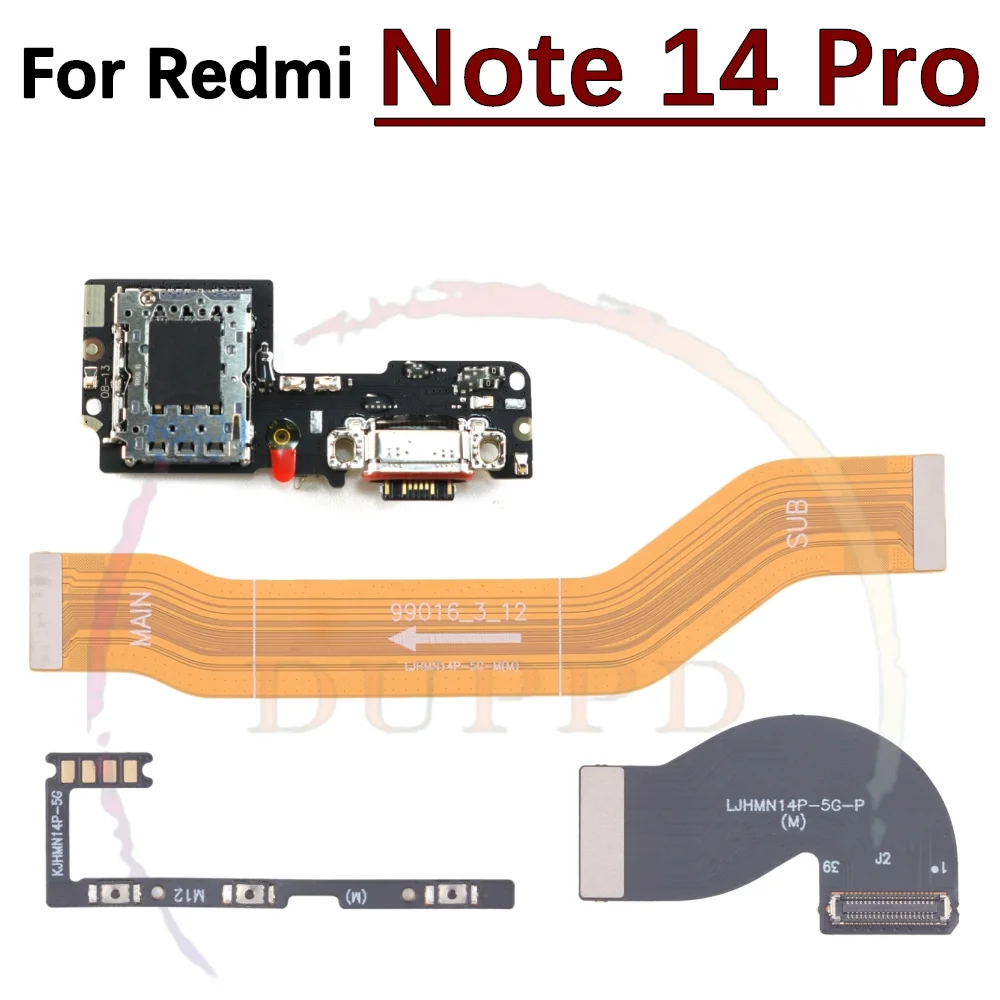 SIM Card USB Charging Port Board For Xiaomi Redmi Note 14 Pro 5G Note14Pro Power Volume LCD Motherboard Flex Cable