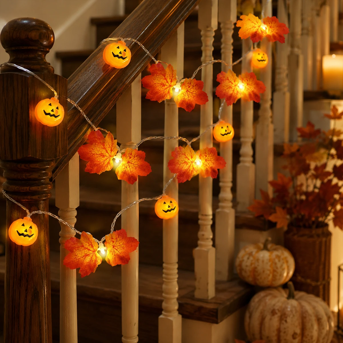1pc Halloween Pumpkin Maple Leaf LED String Lights Warm White Battery Powered Fall Fairy Lights For Stair Railing Window Decor