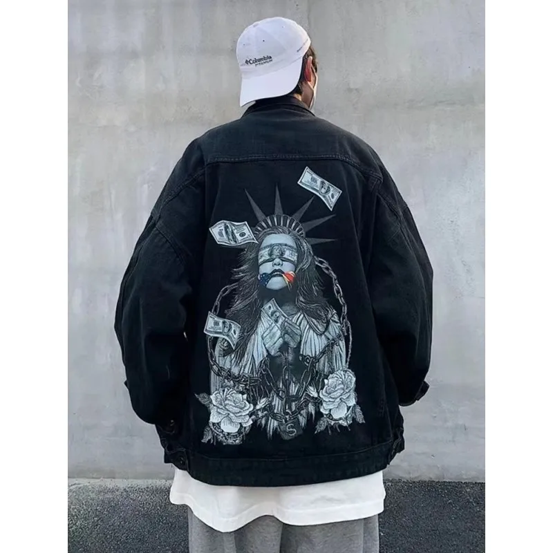 

Мужская джинсовая куртка свободного кроя с принтом, большой размер, 300 унций, в американском ретро-стиле, для весны и осени, повседневная рабочая одежда