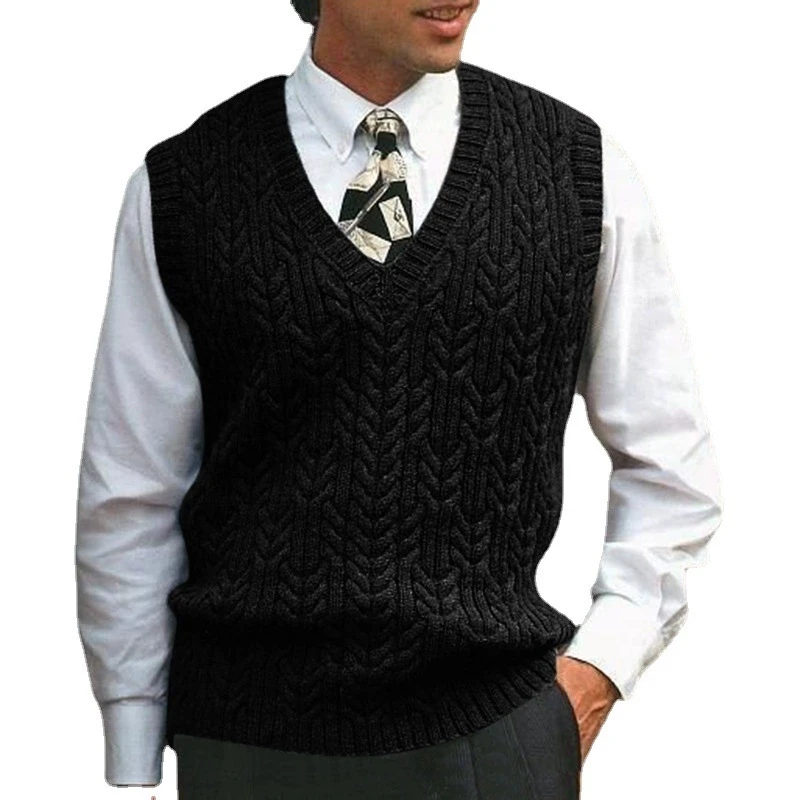 

Men's new knitted vest men's elegant, fashionable, versatile, twisted flower V-neck sweater solid color casual men's wear