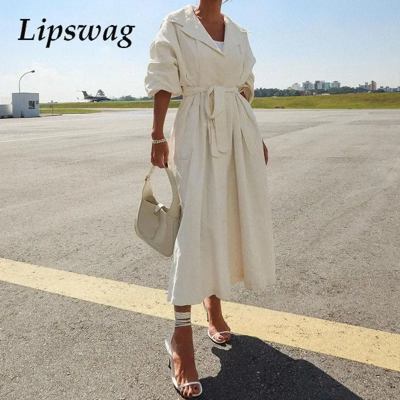 

Women 2024 Turn Down Collar Pleat Dresses Elegant Puff Short Sleeve Long Dress High Street New Solid Lace-up French Style Dress