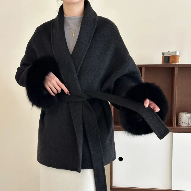 HKSH Autumn Winter New Women Coat Long Sleeved Patchwork Fur Sashes Elegant Fashion Office Lady Double-Sided Wool Jacket HK12024