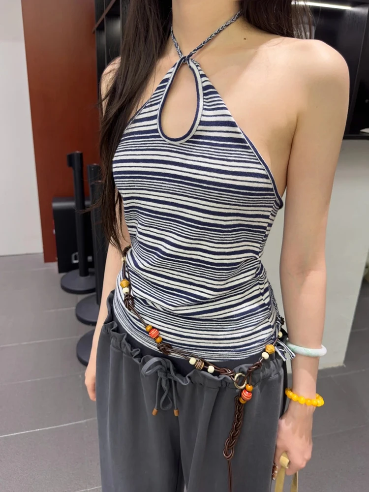 

Sexy Backless Spaghetti Strap Tank Top Elegant Hemp-Blend Striped Knit Top for Women 2025 Fall New Arrival