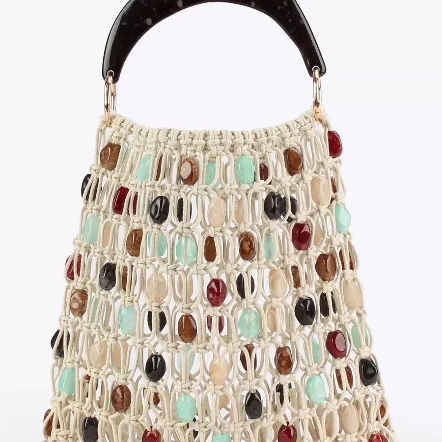 

Vintage Handmade Crochet Hollowed Beaded Tote Bag Wooden Handle Large Capacity Retro Shoulder Handbag Fashion Boho Knitted Purse