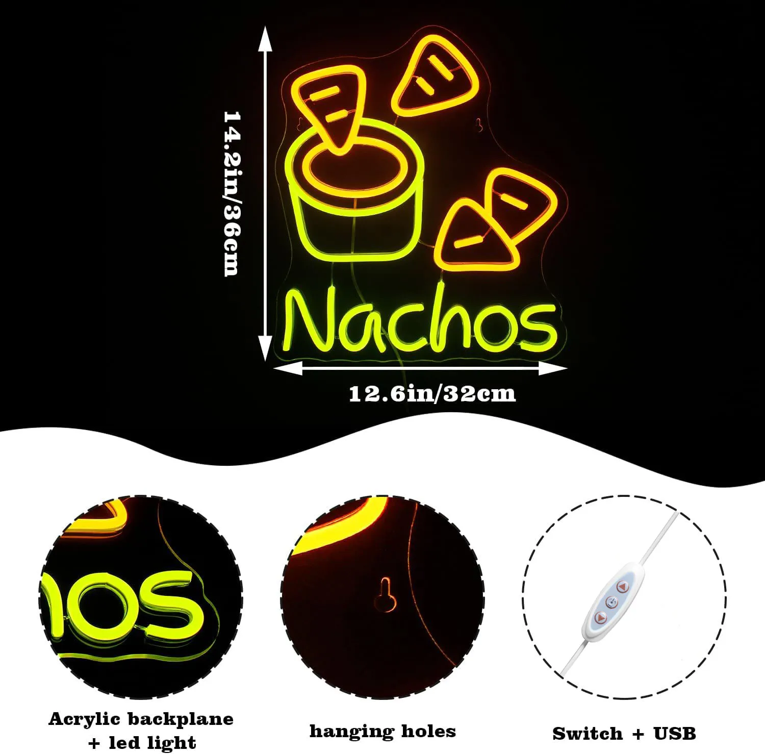 Nachos Neon Sign LED Wall Art USB Powered Chip Dip Glow Lamp Mexican Food Theme Decor Home Kitchen Restaurant Bar  Party Light