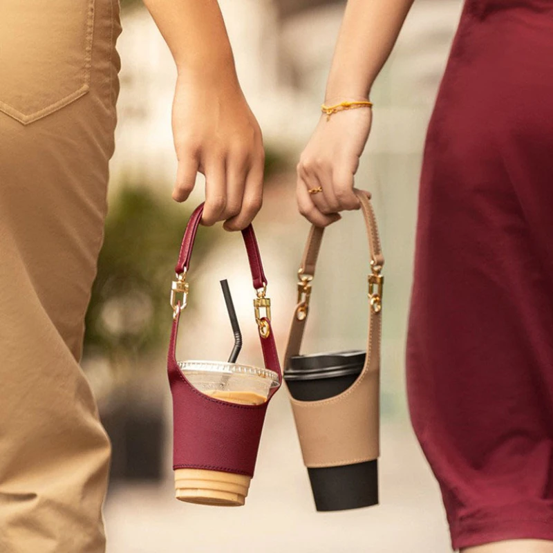 Leather Cup Cover Pouch Portable Water Bottle Sleeve Bag Leather Carrying Strap Insulating Cups Milk Tea Coffee Cups Accessorie