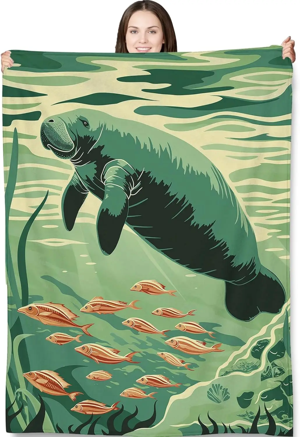 Cute Manatee Underwater Sea Life Tapestry Throw Blanket Ocean Coastal Nursery Decor Wall Art Gift Tropical Marine Home Decor