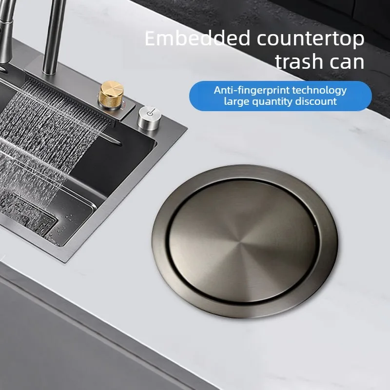 Stainless Steel Trash Can Lid Countertop Embedded Garbage Can Shaking Cover Flip Built-in Countertop Kitchen Waste Bin Flap