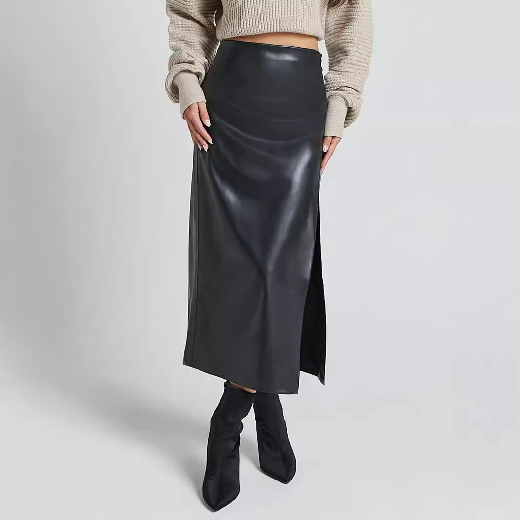 Women Autumn Sexy High Waist Bodycon Skirt Fashion Adults Slim-fit Solid Color Slit Leather Long Skirt Black/White