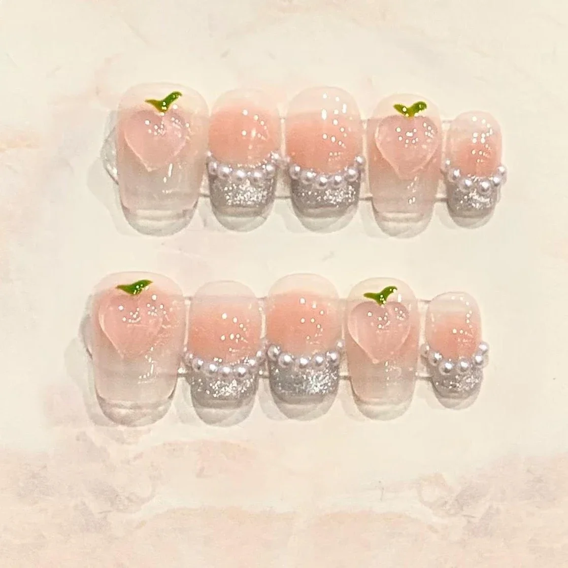 10Pcs Short Round Handmade Press On Nails Full Cover Peach Pink Summer Design Cute False Nails Artificial Manicure False Nails