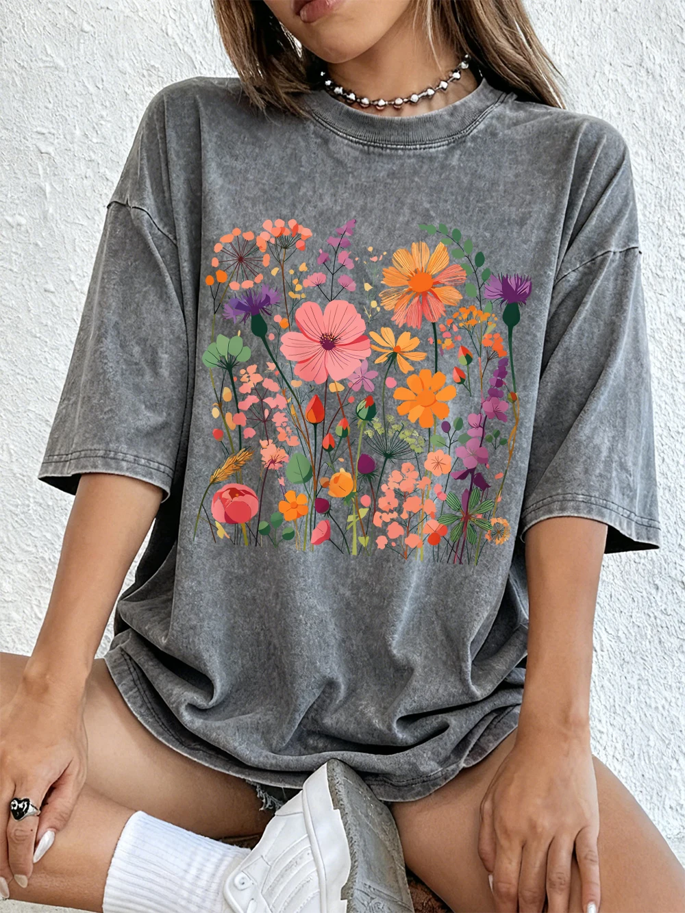A Dense Sea Of Flowers Baumwoll-T-Shirts für Damen, Sommer-Oversize-T-Shirts mit O-Ausschnitt, bequeme Distressed-Tops, Basic-Kleidung