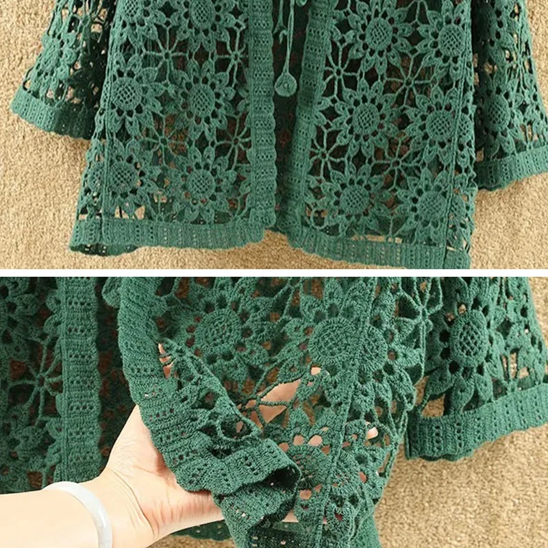 Manteau fin évidé pour femme, cardigan floral avec crochet, manches longues, veste à lacets, haussement d'épaules d'été