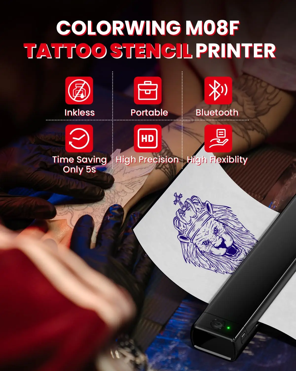 M08F Portable Wireless Tattoo Stencil Printer, Thermal Inkless Bluetooth Tattoo Stencil Machine with 10pcs Tattoo Transfer Paper