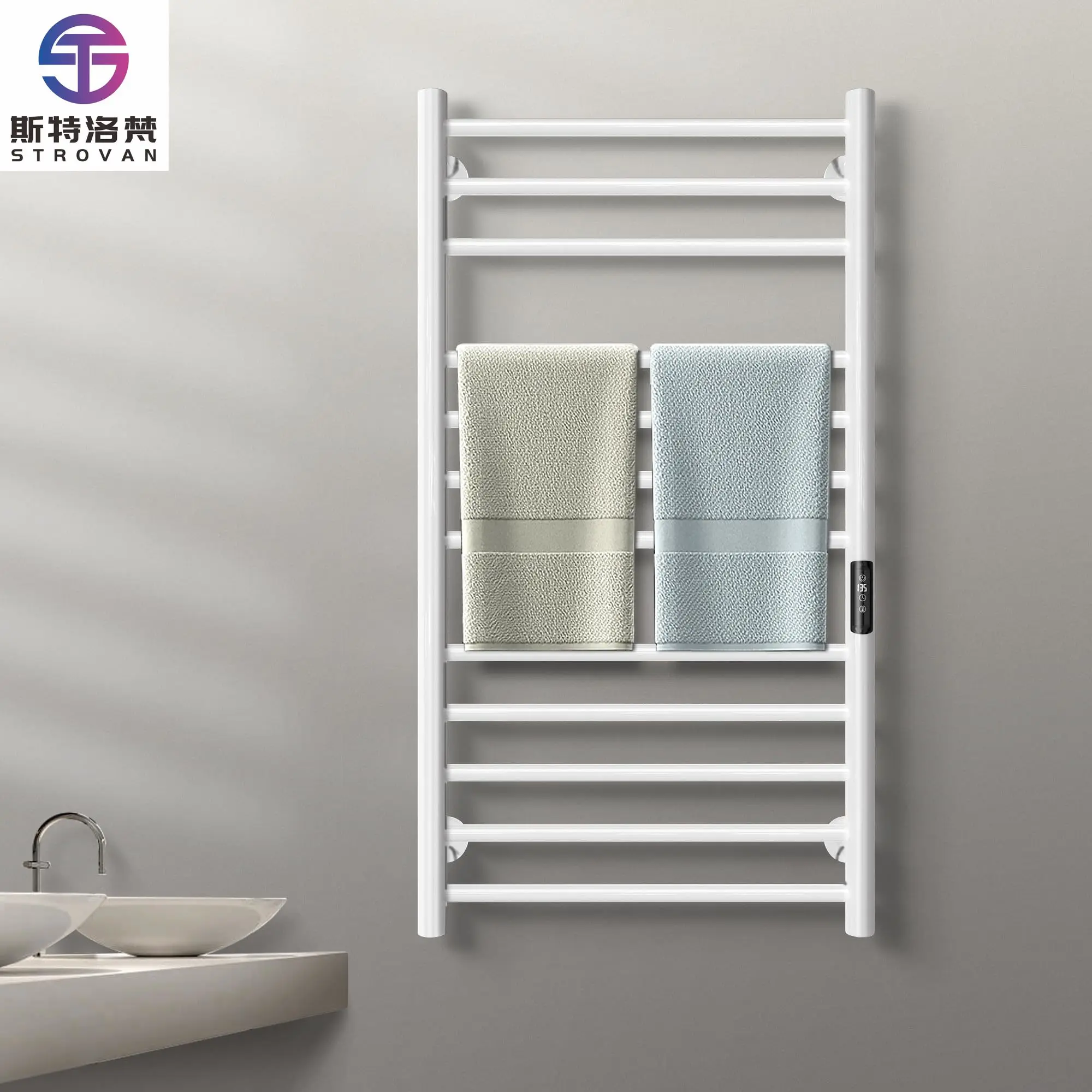 

Bathroom Wall - Mounted Towel Warmer Rack, Electric Towel Rail Heater, Stainless Steel, 12 Bars, White