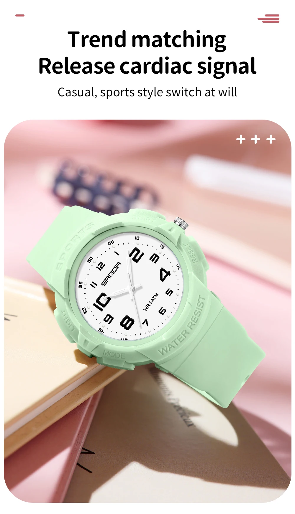 Sanda 9074 Trendy Design Soft Student Watch TPU Strap 50M Depth Waterproof Quartz Movement Children Fashion Sports Wrist Watch