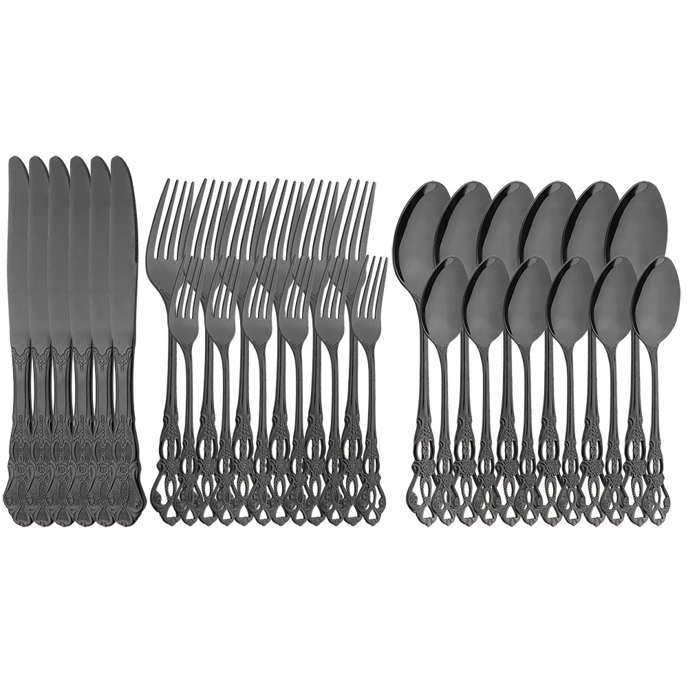 30Pcs Royal Dinnerware Set Black Stainless Steel Cutlery Set Knives Dessert Fork Spoon Silverware Kitchen Tableware Flatware