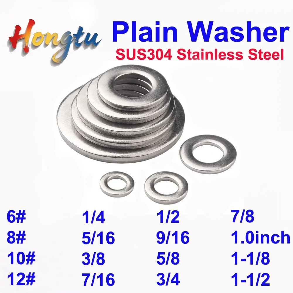 

Hongtu SAE-Spec SUS304 A2 Stainless Steel Plain Washers | 6#/8#/10#/12# & 1/4'' to 1-1/2'' | Fits UNC UNF BSW Screws & Bolts