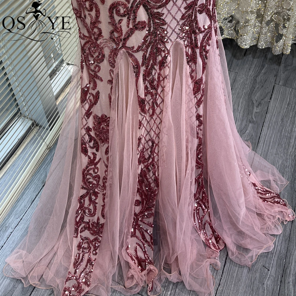 Pattern Lace Pink Mermaid Prom Dresses Sequin Beading String Spaghetti Straps V neck Party Gown Side Sleeves Women Evening Dress