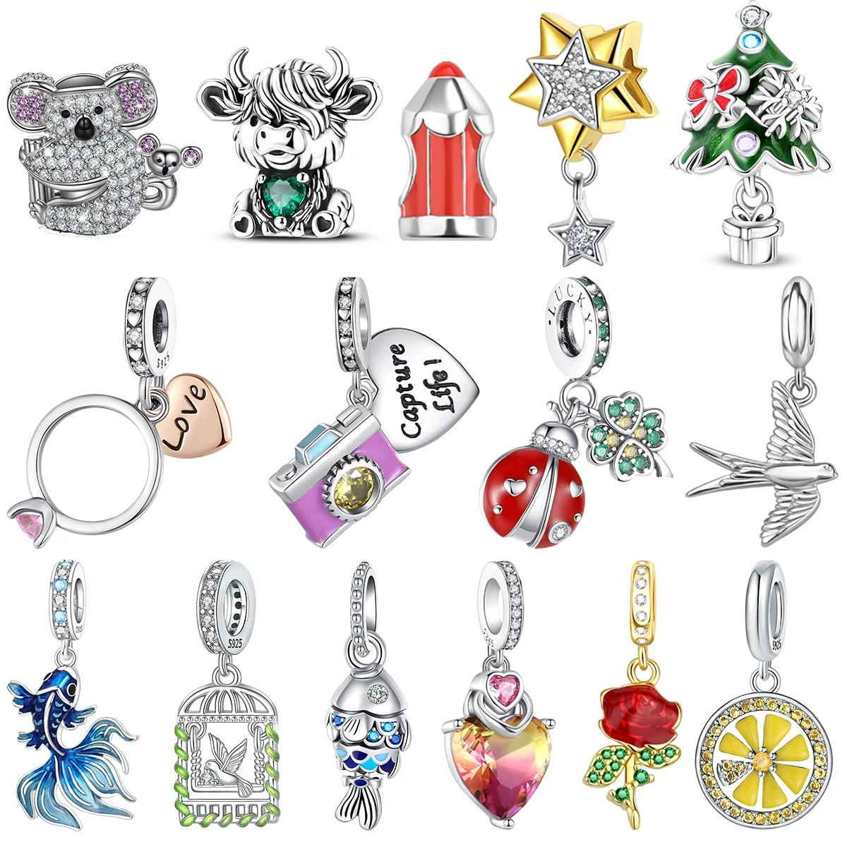925 Sterling Silver Mixed Theme Charms Koala Highland Cow Camera Ladybug Koi Fish Rose Lemon Tree Beads Fit Bracelet DIY Jewelry