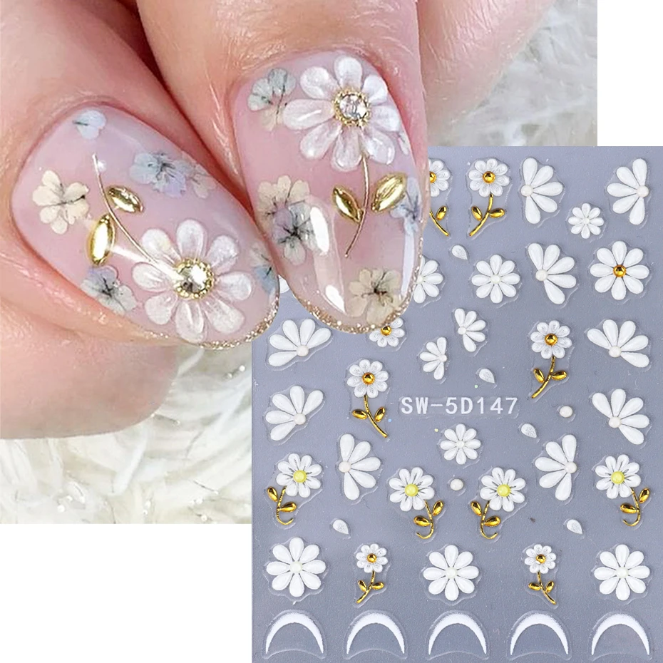 5D geprägte Kristallblumen Nagelaufkleber Aufkleber weiß Gänseblümchen Blattgold schlichtes Design selbstklebender Schieber Frühling Charm Maniküre Dekor