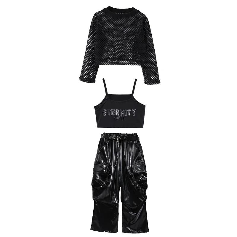 소녀 k-pop 메쉬 운동복 스트리트 댄스 카고 바지 십대 힙합 streetwear 어린이 어린이 재즈 반짝 이는 의상 의류 세트