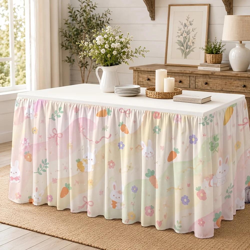 One tablecloth or table skirt in the macaron color scheme featuring rabbits, carrots, flowers, and whimsical garden designs.