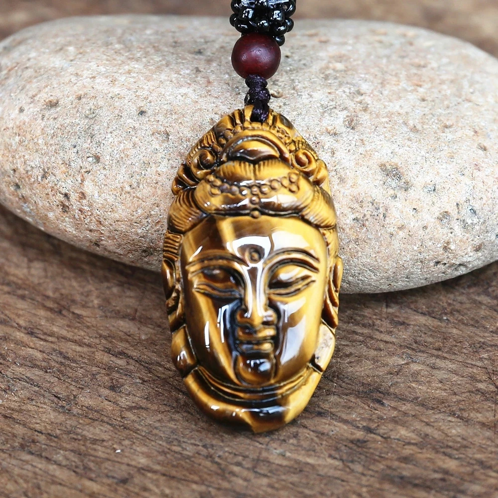 

Buddhist Guanyin Avatar Natural Tiger Eye Stour Jade Carved Buddha Pendant Lucky Energy Necklace Fashion Jewelry Accessories