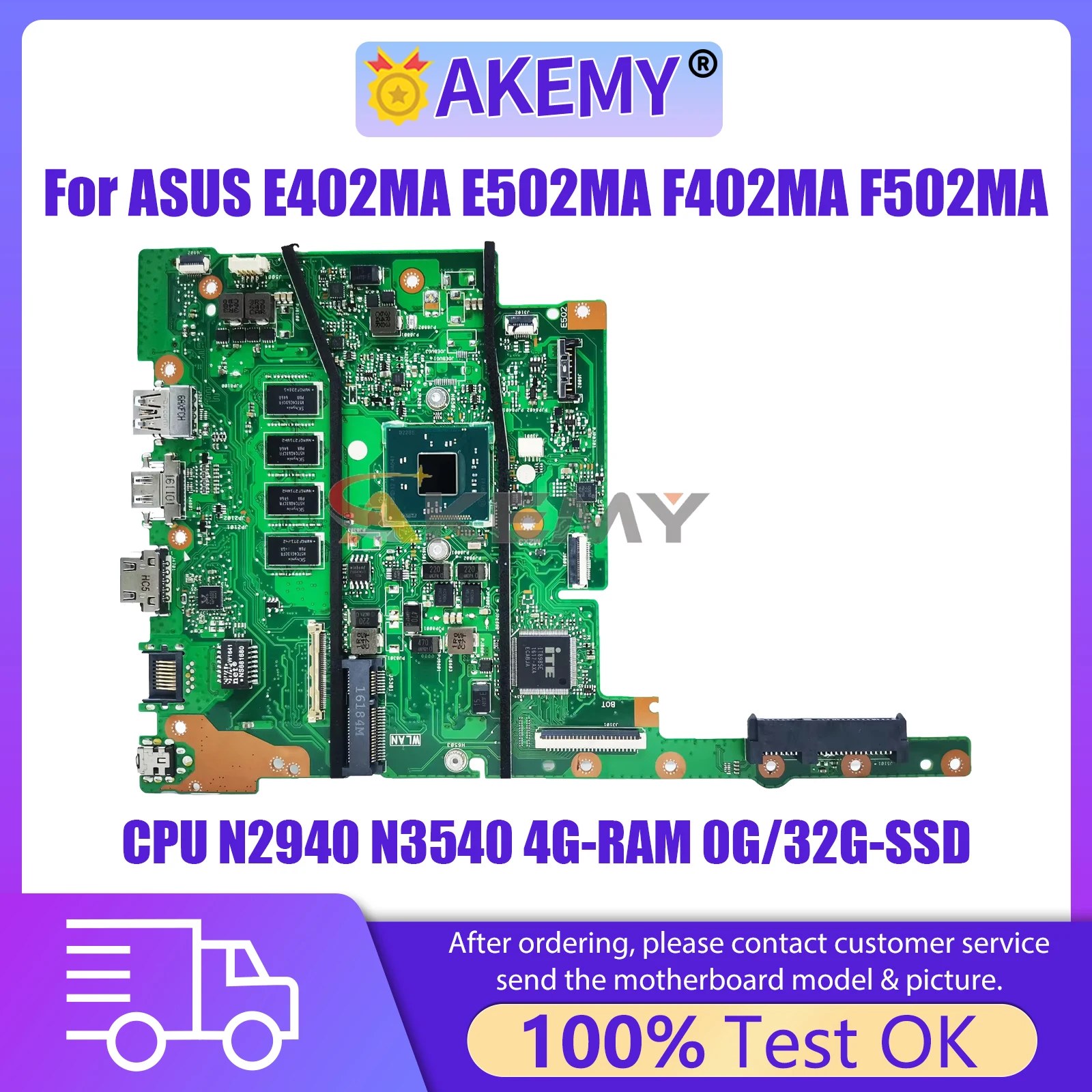 

AKEMY E402MA E502MA Mainboard For Asus VivoBook E402M E402MA E502M E502MA Laptop Motherboard N2940 N3540 4G-RAM 0G/32G-SSD