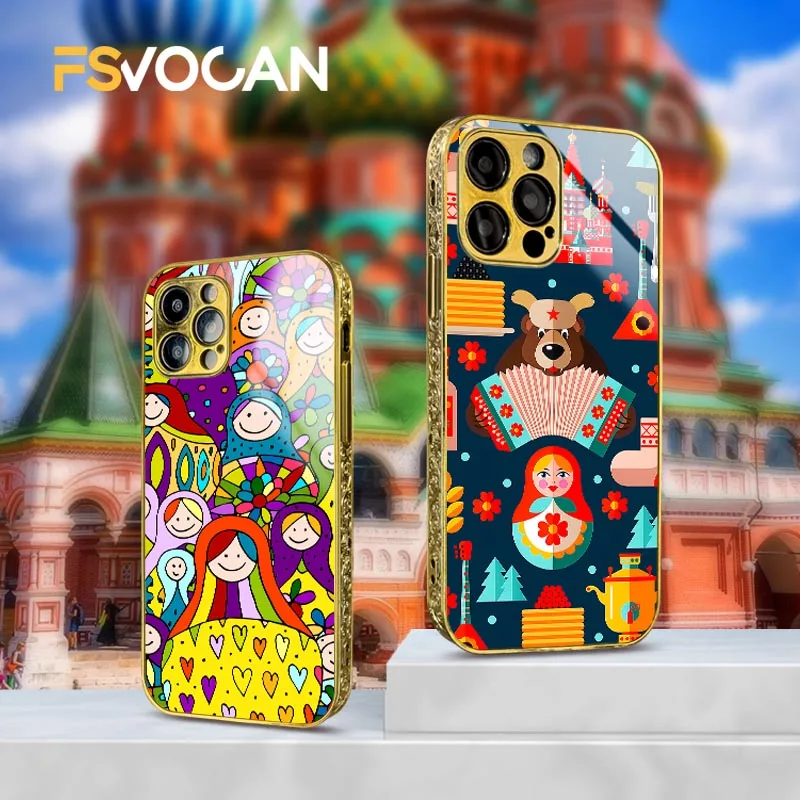 Russian Bear Russia Golden Case For iPhone 16 15 14 13 12 11 Pro Max Matryoshka Russian Nesting Doll Gifts Handmade Phone Cover