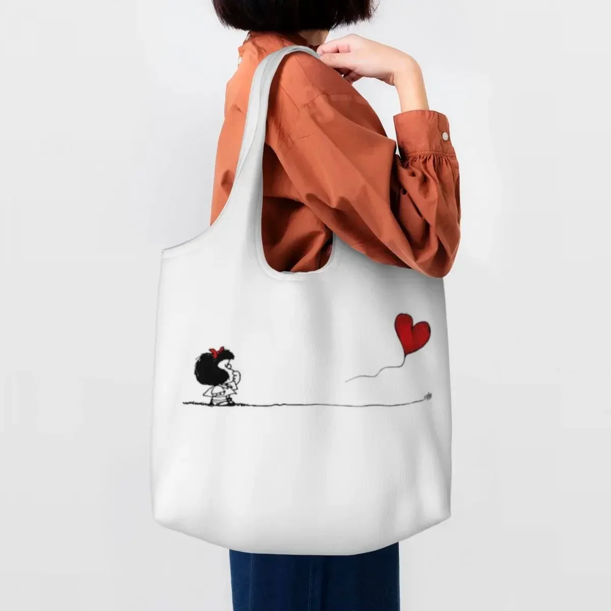 

Custom Mafalda Balloon Heart Grocery Shopping Tote Bags Women Quino Manga Canvas Shopper Shoulder Bag Big Capacity Bag Handbag