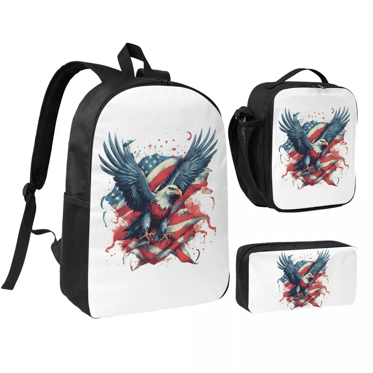 

American Heritage Eagle With US Flag Wings Backpack Student BookBag School Bag Shoulder Bags 3ps Insulated Lunch Bag Pencil Case