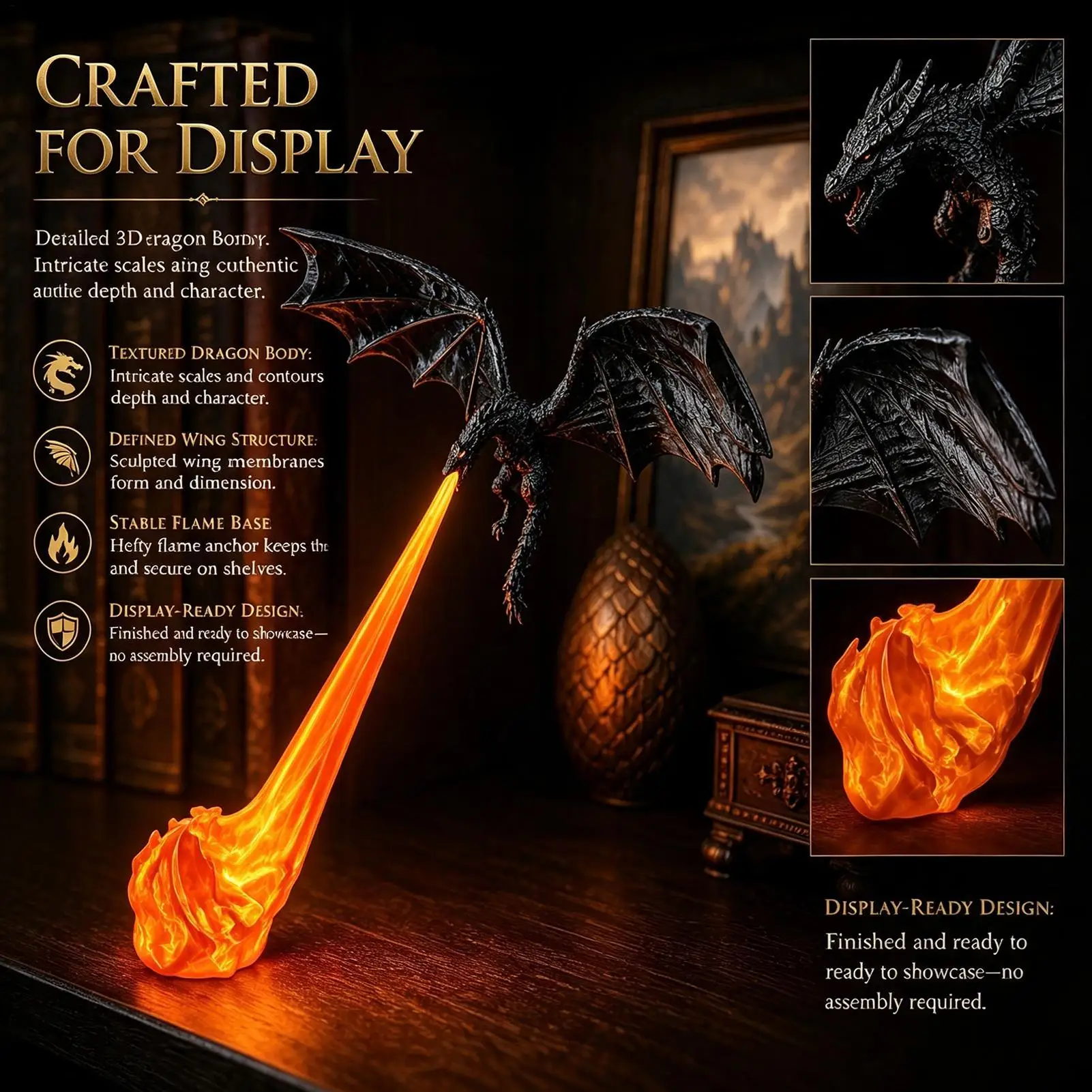 Dragon Bookends, 3D Fire Breathing Flying Dragon Resin Book Stoppers for Fantasy Bookshelf Decor, Dragon Book Nook Ornament