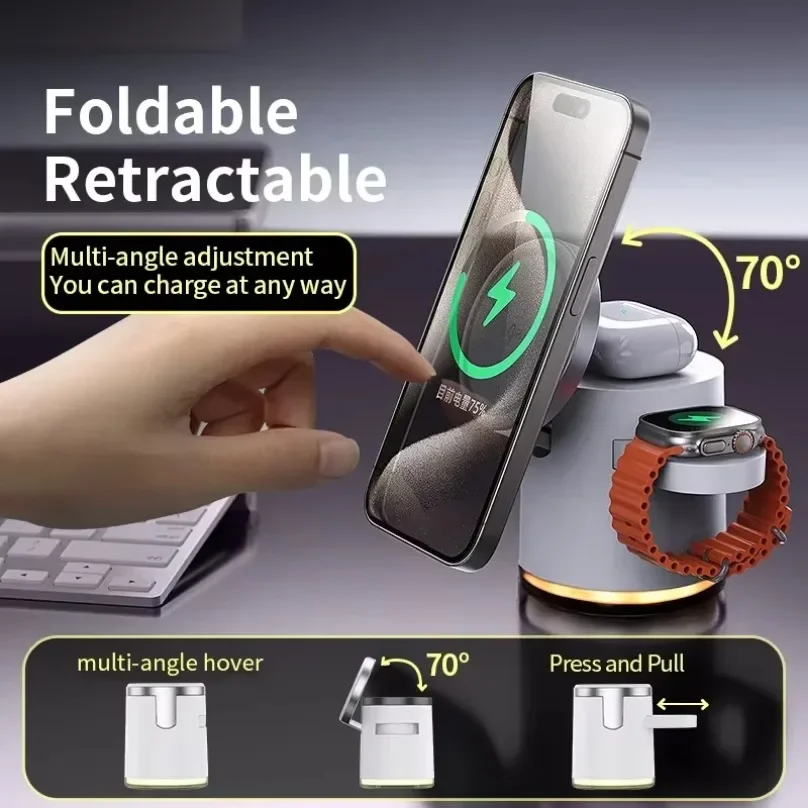 

Fast Charging Dock Stand QI2 Wireless Charger Night Light 4 in 1 For Magsafe iPhone 16 15 14 Pro Max Airpods Pro 2-8 Apple Watch