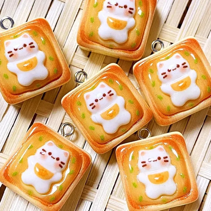 10Pcs Cute Cat Shaped Thick Cheese Bread Resin Charms Mini Kitten Cake Pendants DIY Craft Supplies For Earrings Keychains Jewelr - view 6