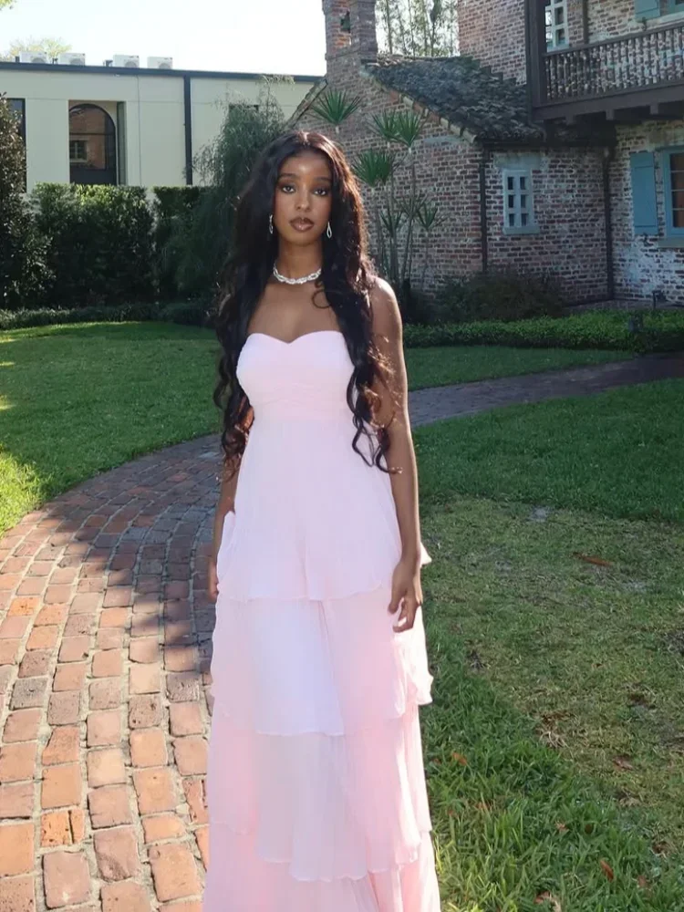 

Sweet Strapless Layered Ruffle Dress Women Fashion Backless Off Shoulder High Waist Maxi Vestidos 2026 Lady Holiday Party Gowns