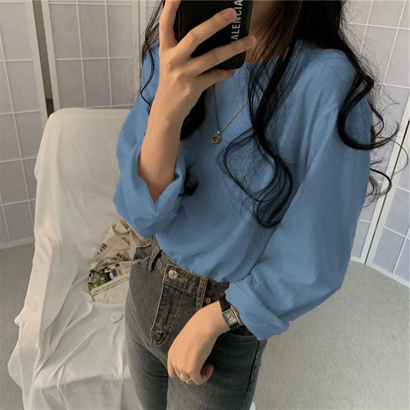 2024 Autumn Korean Fashion T-shirt Women Long Sleeve Winter Y2K Tee Shirt Femme Loose Basic Solid Clothes Women Tops Vintage